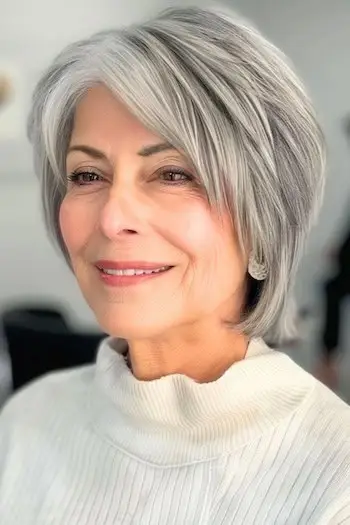 Penteado curto com camadas prateadas empilhadas para mulheres com mais de 70 anos e cabelos finos.
