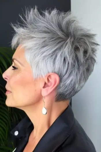 Penteado curto Spiky Silver Pixie para mulheres com mais de 70 anos e cabelos finos.