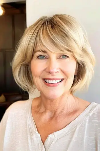 Bob em camadas com franja, penteado curto para mulheres com mais de 70 anos e cabelos finos.