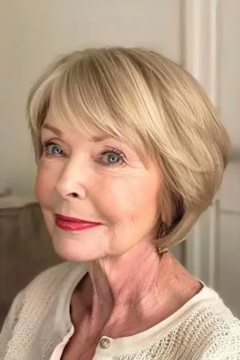 Camadas curtas arredondadas com franja Penteado curto para mulheres acima de 70 anos com cabelos finos.