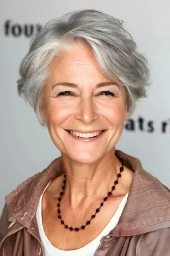 Camadas prateadas com franja lateral, penteado curto para mulheres com mais de 70 anos e cabelos finos.