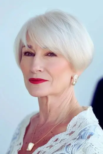 Bob prateado arredondado com franja penteado curto para mulheres acima de 70 anos com cabelos finos.