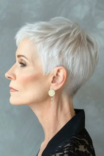 Penteado curto Pixie curto para mulheres com mais de 70 anos e cabelos finos.