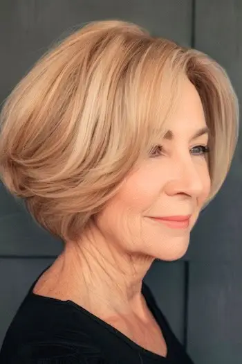 Penteado curto Bob loiro mel para mulheres acima de 70 anos com cabelos finos.