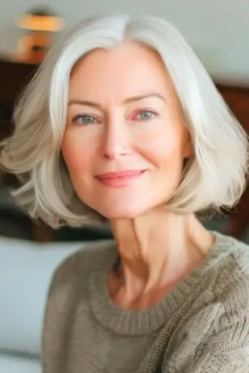Penteado curto Bob em camadas suaves para mulheres com mais de 70 anos e cabelos finos.