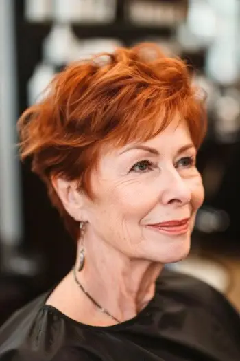 Penteado curto Pixie de cobre texturizado para mulheres acima de 70 anos com cabelos finos.