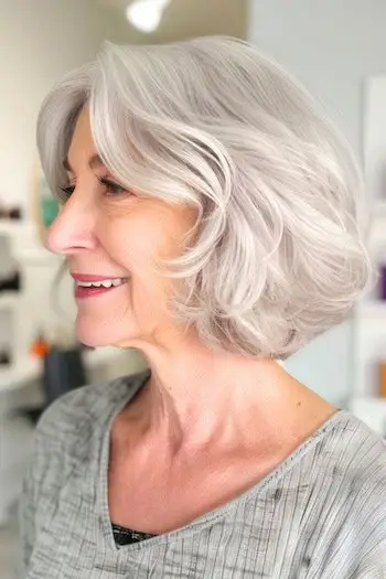 Penteado curto ondulado Silver Bob para mulheres acima de 70 anos com cabelos finos.