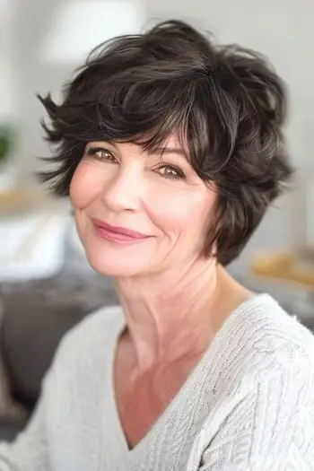 Penteado curto macio e ondulado Pixie para mulheres acima de 70 anos com cabelos finos.