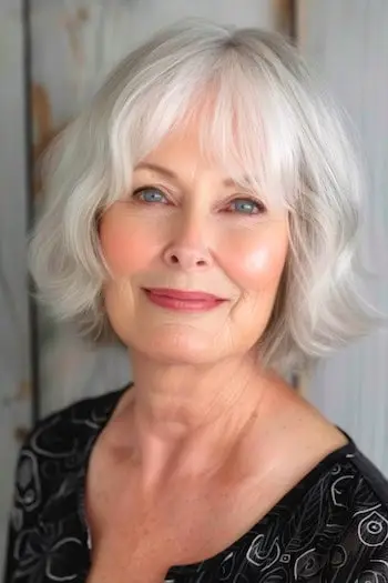 Bob ondulado em camadas com franja, penteado curto para mulheres com mais de 70 anos e cabelos finos.