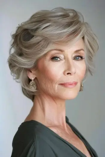 Penteado curto com corte de penas recortado para mulheres com mais de 70 anos e cabelos finos.