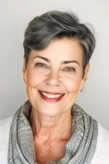 Pixie cinza com franja lateral, penteado curto para mulheres com mais de 70 anos e cabelos finos.