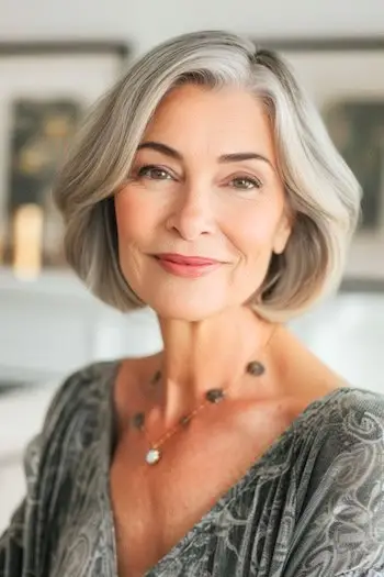 Penteado curto Silver Bob estruturado para mulheres acima de 70 anos com cabelos finos.
