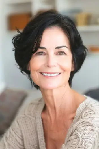 Penteado curto com camadas cônicas curtas para mulheres com mais de 70 anos e cabelos finos.