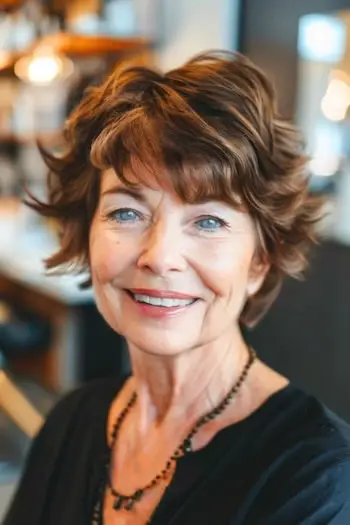 Camadas fragmentadas com pontas viradas, penteado curto para mulheres com mais de 70 anos e cabelos finos.