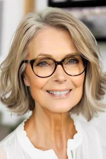 Bob ondulado com parte lateral e óculos penteado curto para mulheres acima de 70 anos com cabelos finos.