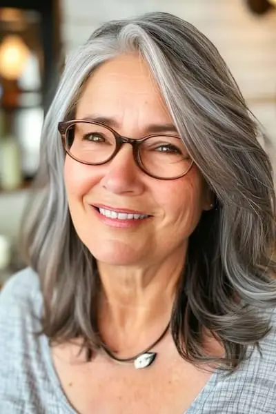 Mellemlange lagfrisure til kvinder over 40 år med briller.