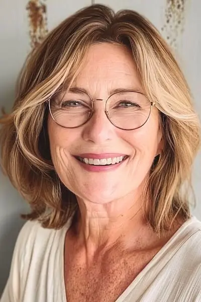 Mellemlang klipning med lag frisure til kvinder over 40 med briller.