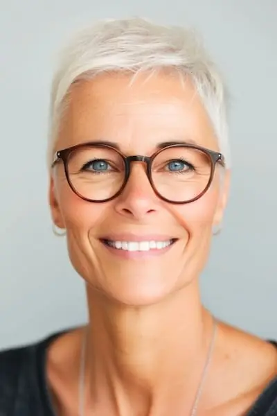 Ultrakort nissefrisure til kvinder over 40 med briller.