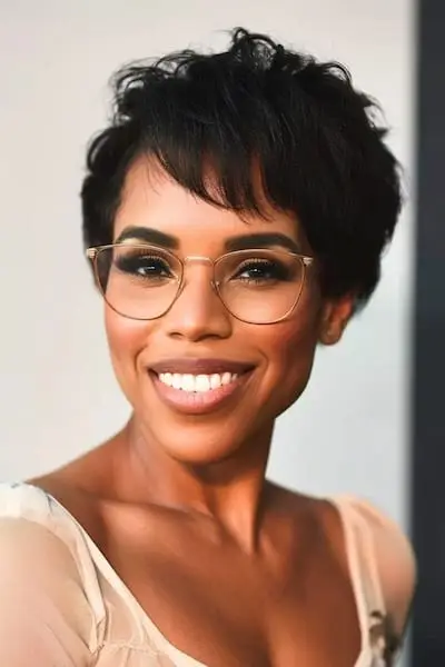 Børstet fremad nissefrisure til kvinder over 40 med briller.