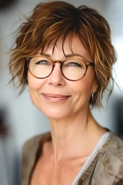Kort Shaggy Cut frisure til kvinder over 40 med briller.