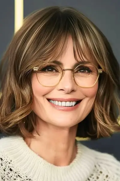 Fremhævet Bob med pandehår-frisure til kvinder over 40 med briller.