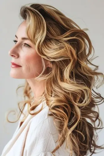 Účes s volnými vrstvenými kadeřemi pro ženy nad 40 let s hustými vlasy.
