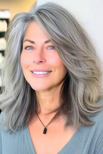 Účes s texturovanými vrstvami pro ženy nad 40 let s hustými vlasy.