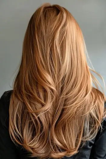 Dlouhé vrstvy účesu pro ženy nad 40 let s hustými vlasy.