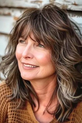 Účes s vrstvenými vlnami a ofinou pro ženy nad 40 let s hustými vlasy.