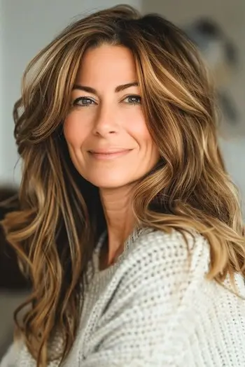 Účes s dlouhými melírovanými vrstvami pro ženy nad 40 let s hustými vlasy.