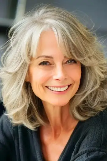 Účes s jemným peřím pro ženy nad 40 let s hustými vlasy.