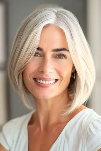 Tupý účes Bob pro ženy nad 40 let s hustými vlasy.