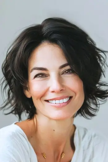 Vrstvený účes Shaggy Bob pro ženy nad 40 let s hustými vlasy.