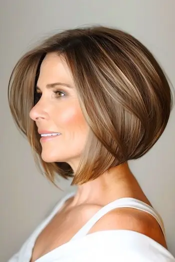 Účes obrácený Bob pro ženy nad 40 let s hustými vlasy.