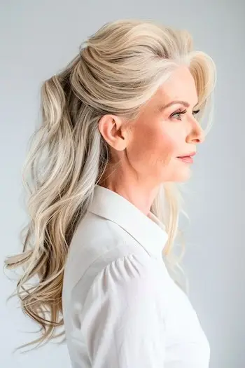 Objemný polo-up polo-dole účes pro ženy nad 40 let s hustými vlasy.
