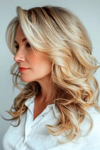 Účes s vrstvenými vlnami s ofinou směřujícími do strany pro ženy nad 40 let s hustými vlasy.
