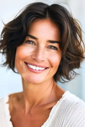 Texturovaný účes Bob s jemnými vlnami pro ženy nad 40 let s hustými vlasy.