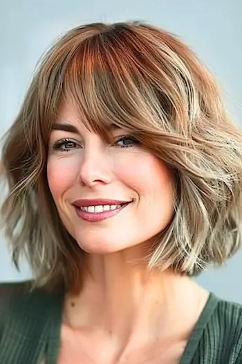 Tupý vlnitý účes Bob s ofinou pro ženy nad 40 let s hustými vlasy.