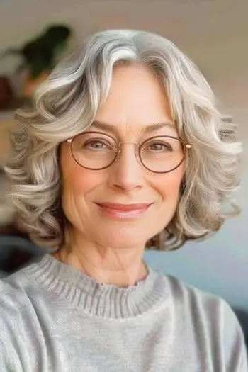 Vlnitý vrstvený Bob krátký účes pro ženy ve věku šedesáti let s brýlemi.