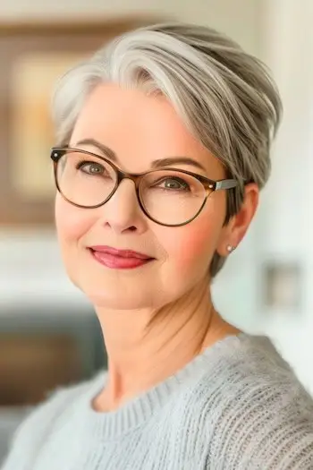 Rovný stříbrný Pixie krátký účes pro brýle.