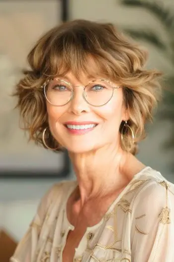 Krátký účes s roztrhanými vlnami pro ženy nad 60 let s brýlemi.