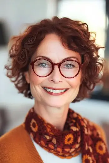 Kudrnatý vrstvený Bob krátký účes pro ženy nad 60 let s brýlemi.