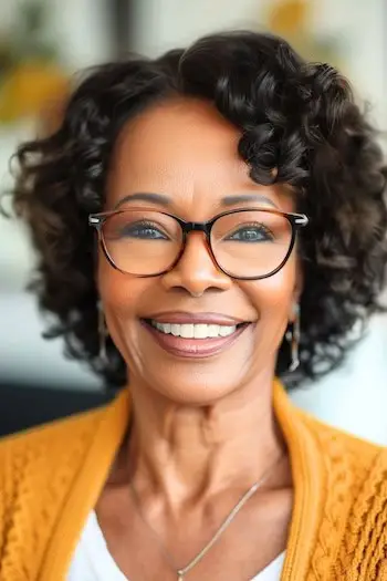 Krátký účes pro ženy nad 60 let s brýlemi.