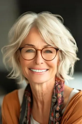 Krátký účes s rozcuchanými vrstvami pro ženy nad 60 let s brýlemi.