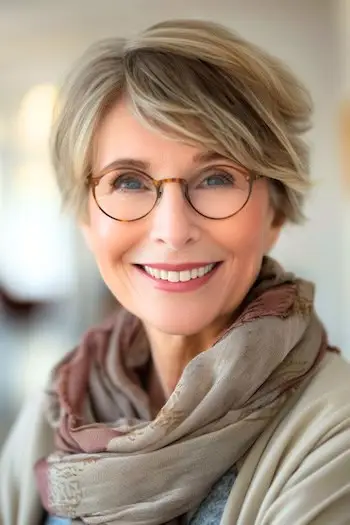 Krátký účes s texturou Pixie s ofinou zboku pro ženy nad 60 let s brýlemi.