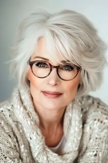 Chlupaté vrstvy s boční ofinou krátký účes na krásné starší ženy.