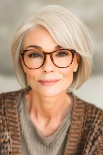 Rovný Bob s ofinou na boku Krátký účes pro ženy nad 60 let s brýlemi.