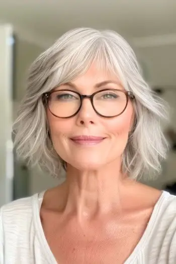 Střapaté vrstvy s jemnými ofinou Krátký účes pro ženy nad 60 let s brýlemi.