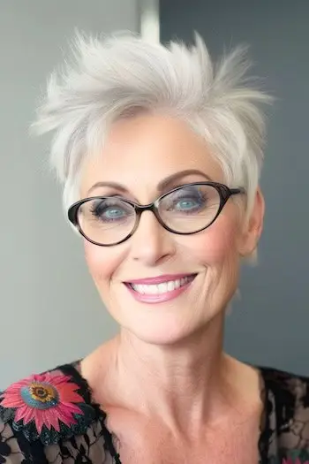 Spiky Pixie krátký účes pro brýle na usměvavé starší ženě.