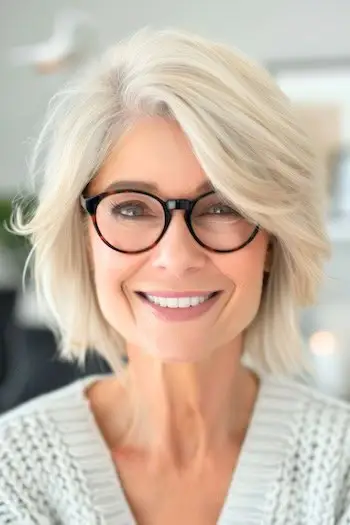 Krátký účes pro ženy nad 60 let s brýlemi.